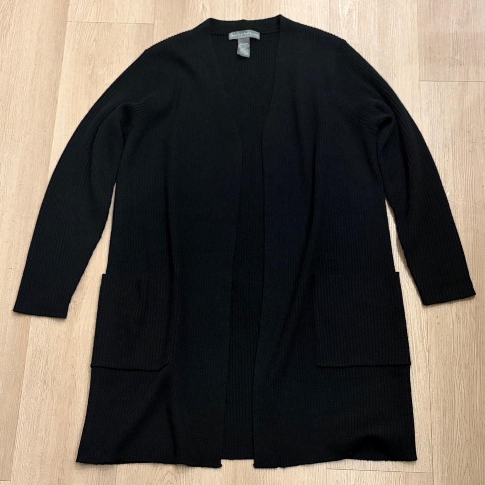 M Jessica Holbrook Easy Care Black Long Open-Front Ribbed Cardigan With Pockets
